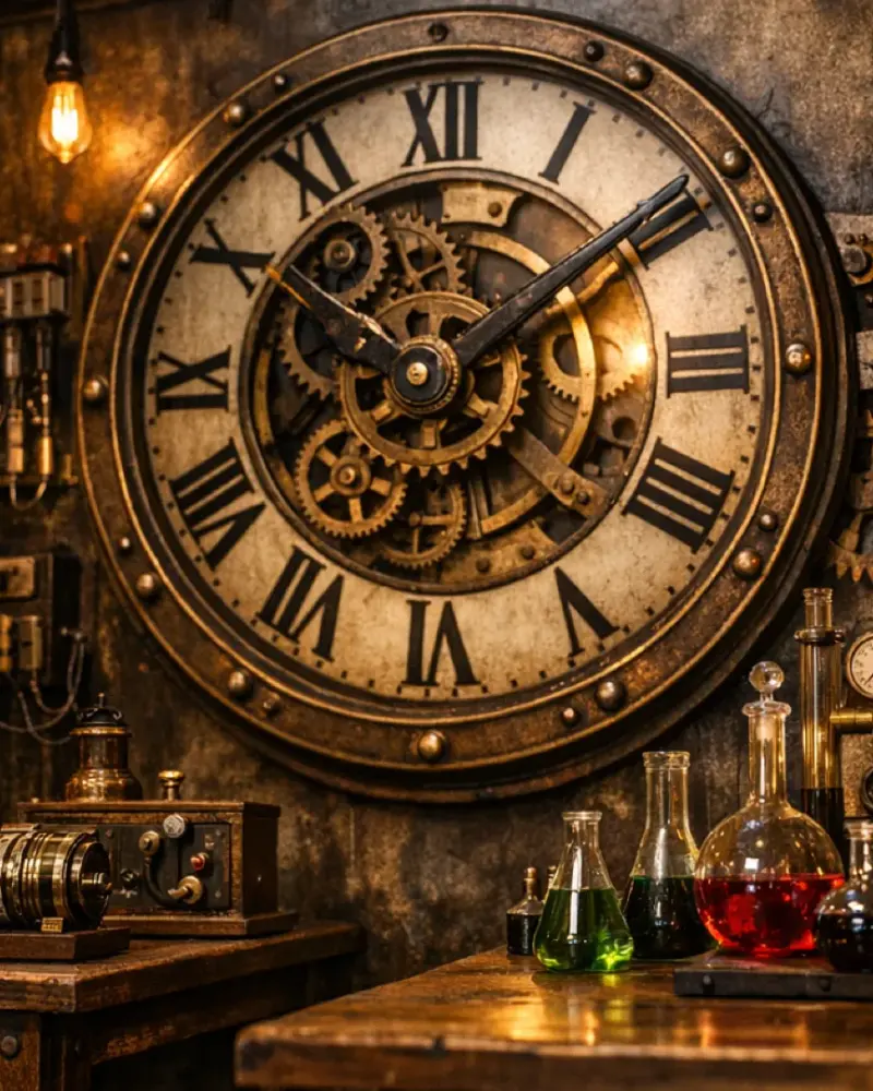 Steampunk escape room set with a large clockwork face and brass instruments
