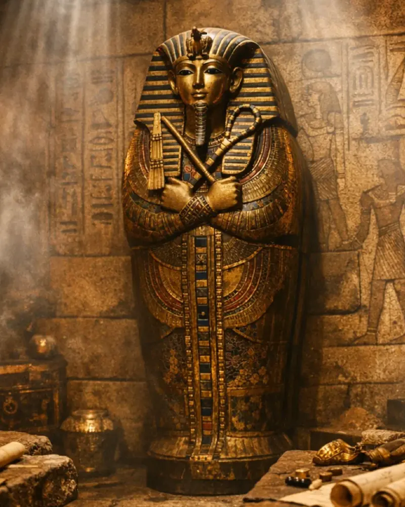 Egyptian tomb escape room set with torches and a sarcophagus