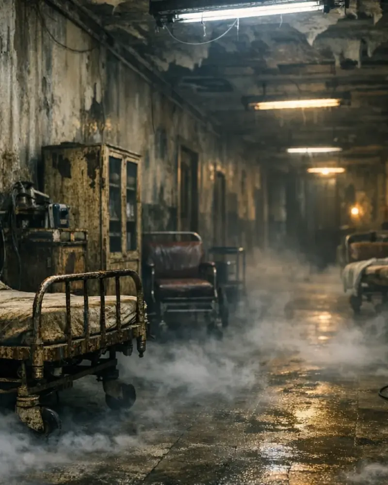 Dim horror-themed asylum corridor escape room set