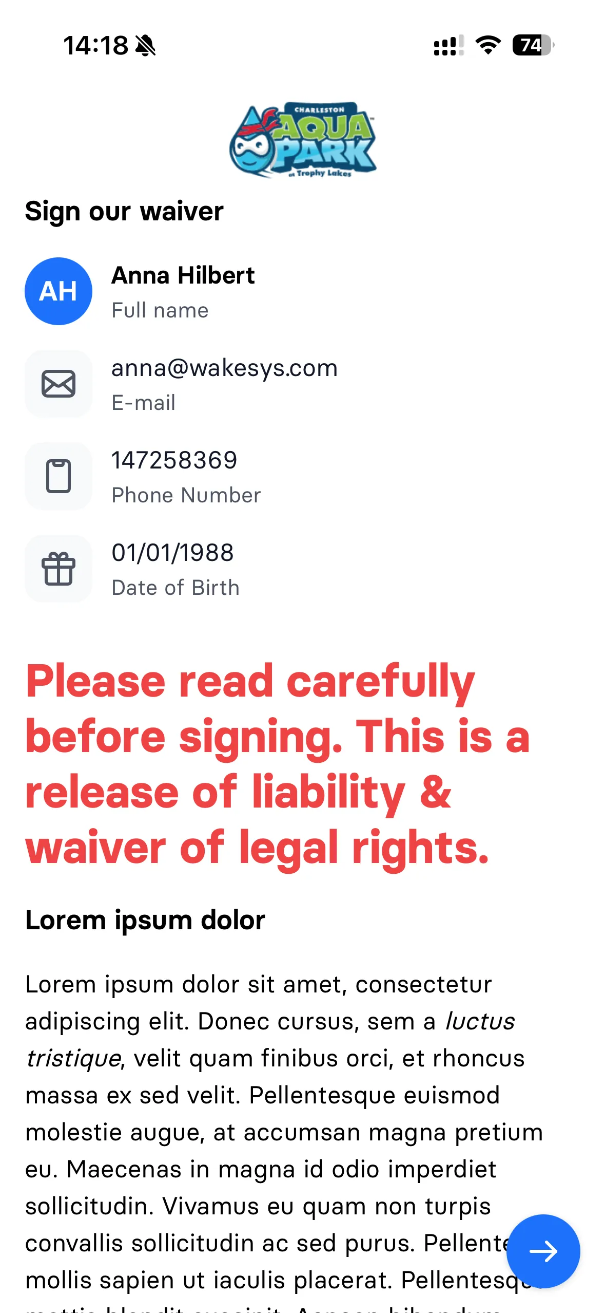 Digital waiver signing - step 1
