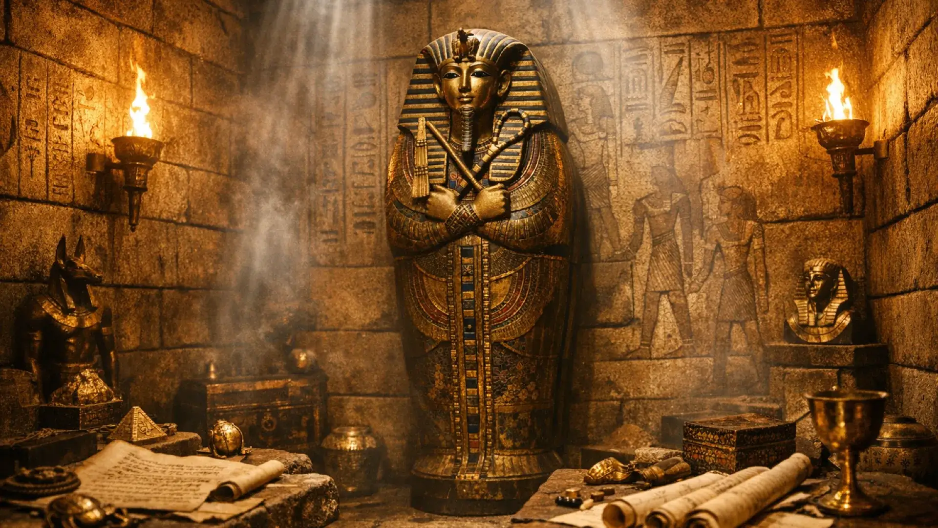 Egyptian tomb escape room set lit by torches