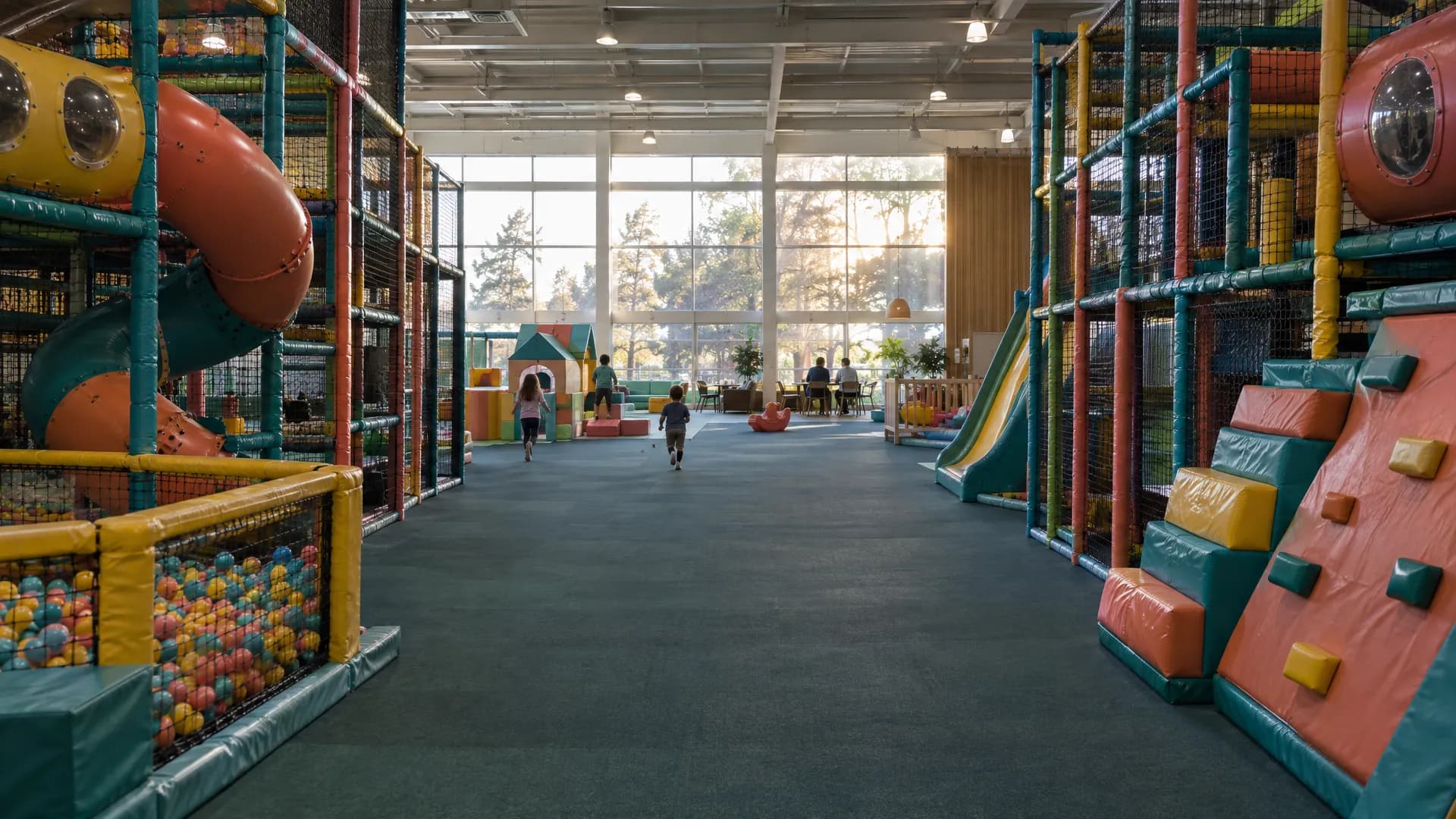 À l'intérieur d'une grande aire de jeux indoor : de hautes structures avec toboggans et blocs d'escalade rembourrés, des enfants qui jouent au loin