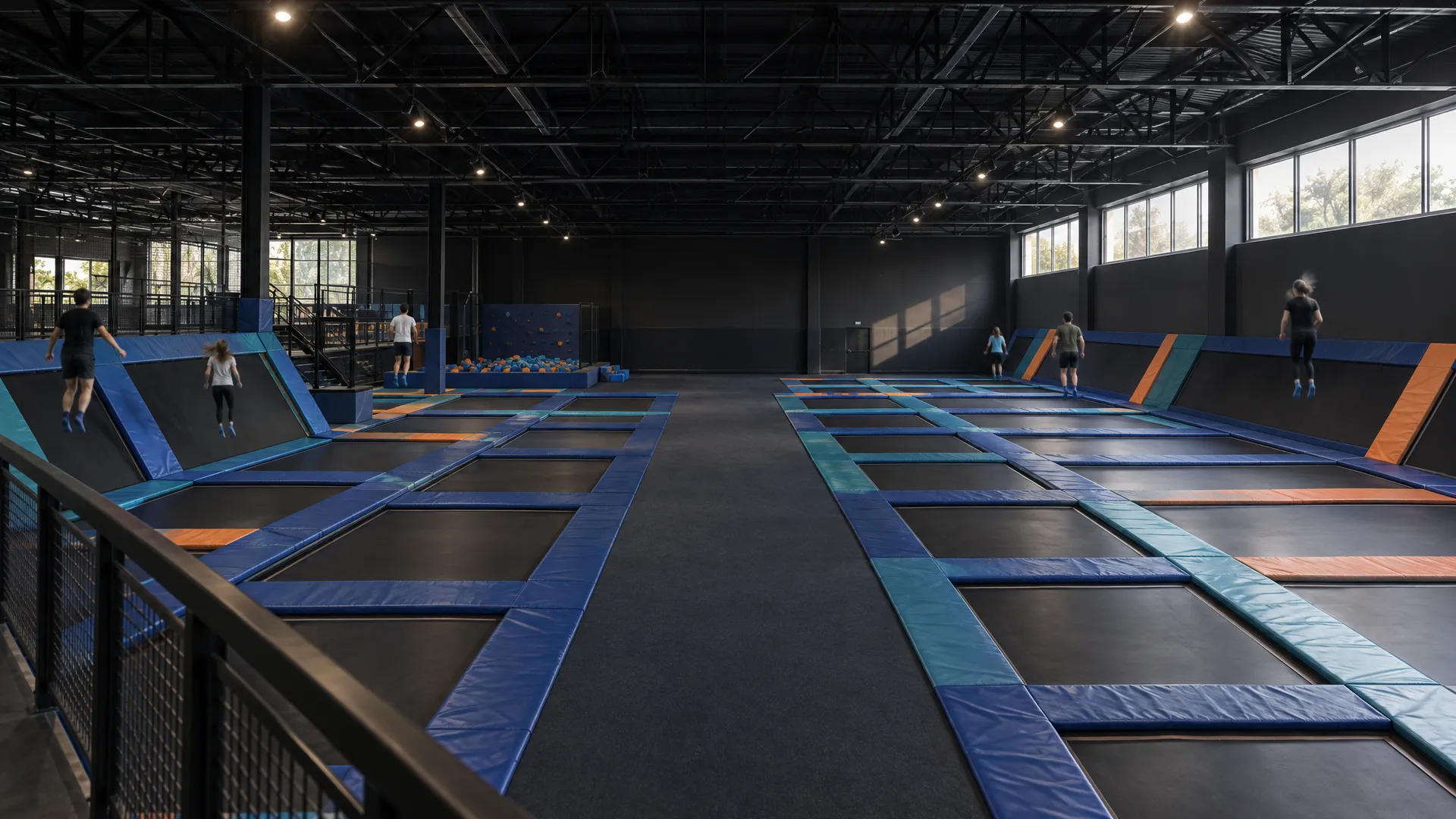 À l'intérieur d'un parc de trampolines : des rangées de trampolines aux protections bleues, turquoise et orange sous un plafond en acier sombre