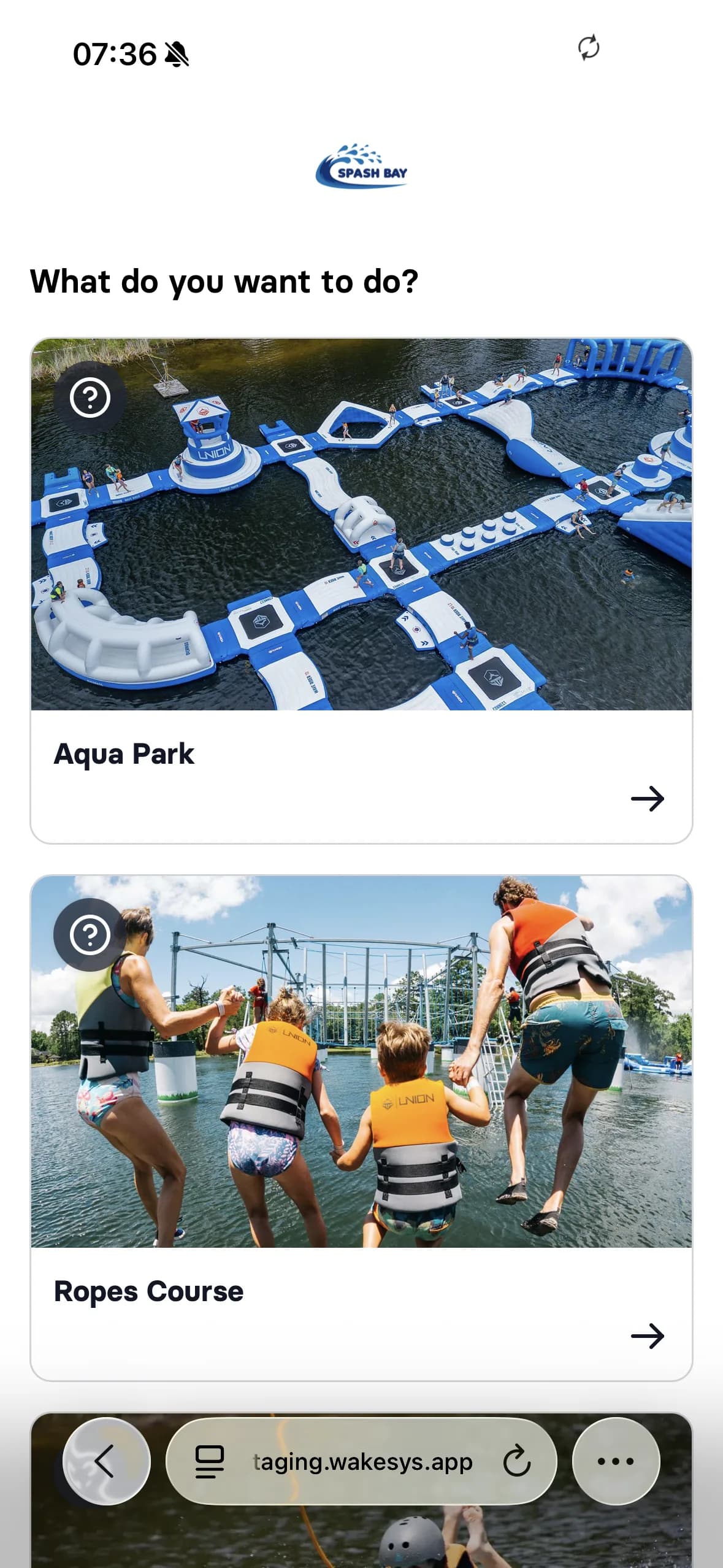 Booking an aqua park session: picking an activity, a 45-minute slot, party size, add-ons, a discounted ropes course, and the confirmation - step 1