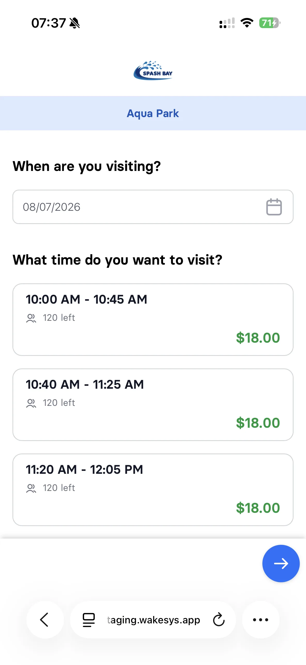 Booking an aqua park session: picking an activity, a 45-minute slot, party size, add-ons, a discounted ropes course, and the confirmation - step 2