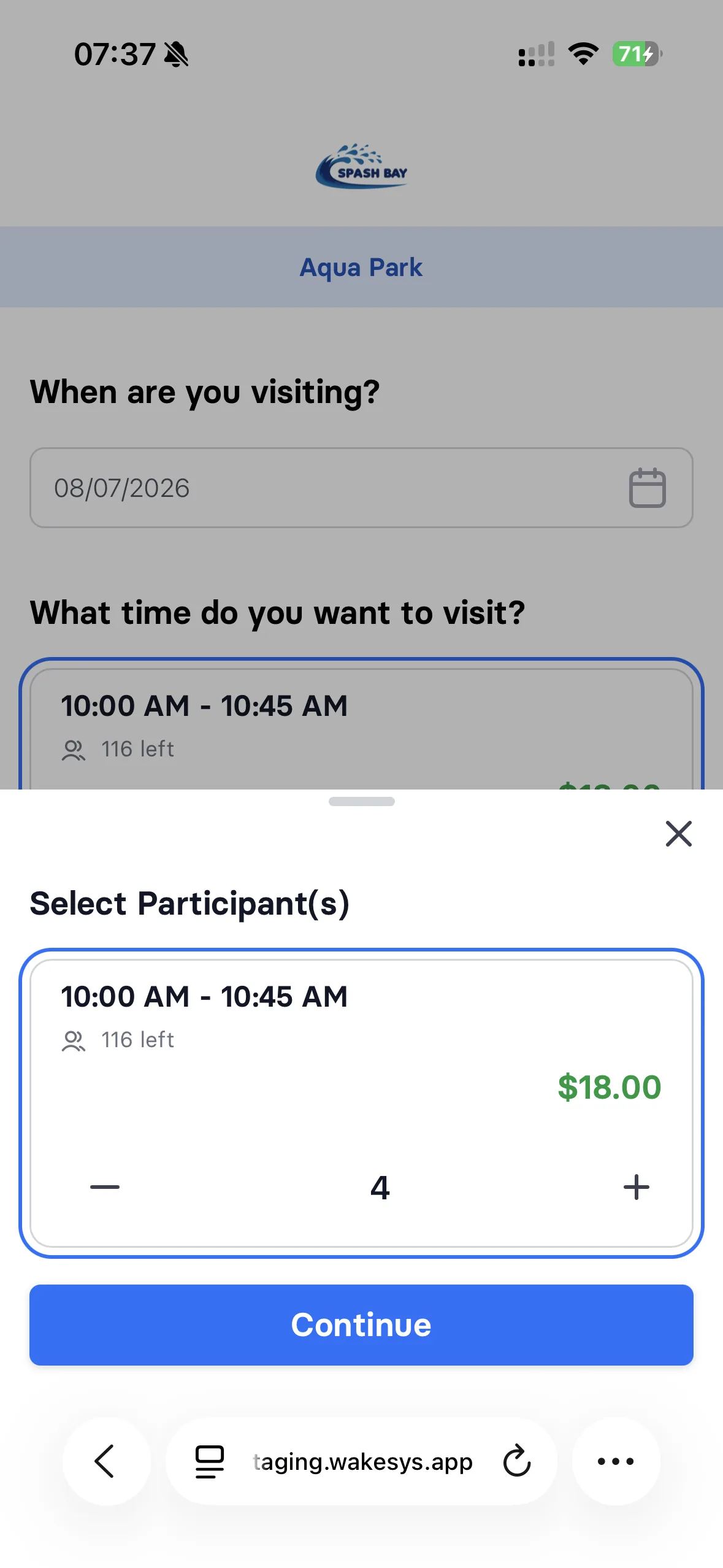 Booking an aqua park session: picking an activity, a 45-minute slot, party size, add-ons, a discounted ropes course, and the confirmation - step 3