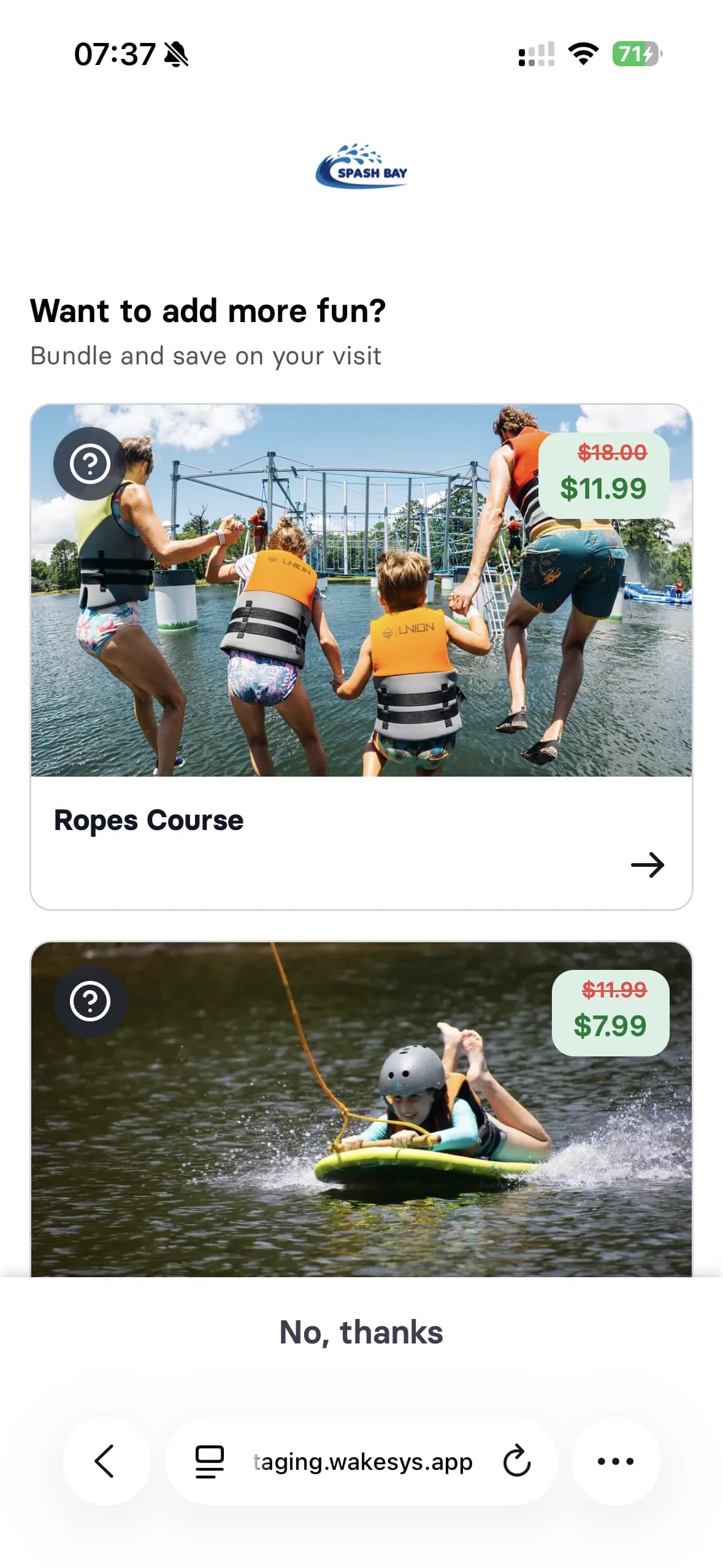 Booking an aqua park session: picking an activity, a 45-minute slot, party size, add-ons, a discounted ropes course, and the confirmation - step 5