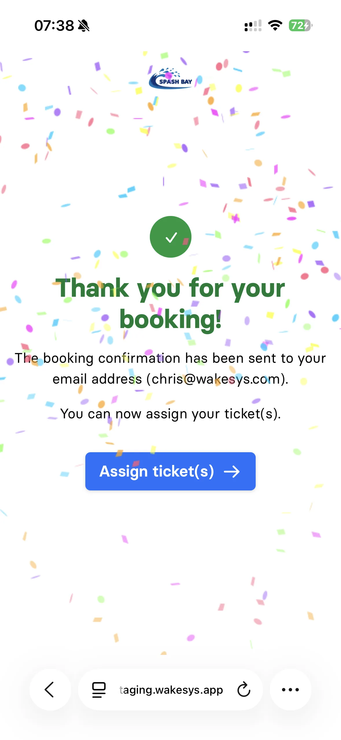 Booking an aqua park session: picking an activity, a 45-minute slot, party size, add-ons, a discounted ropes course, and the confirmation - step 6