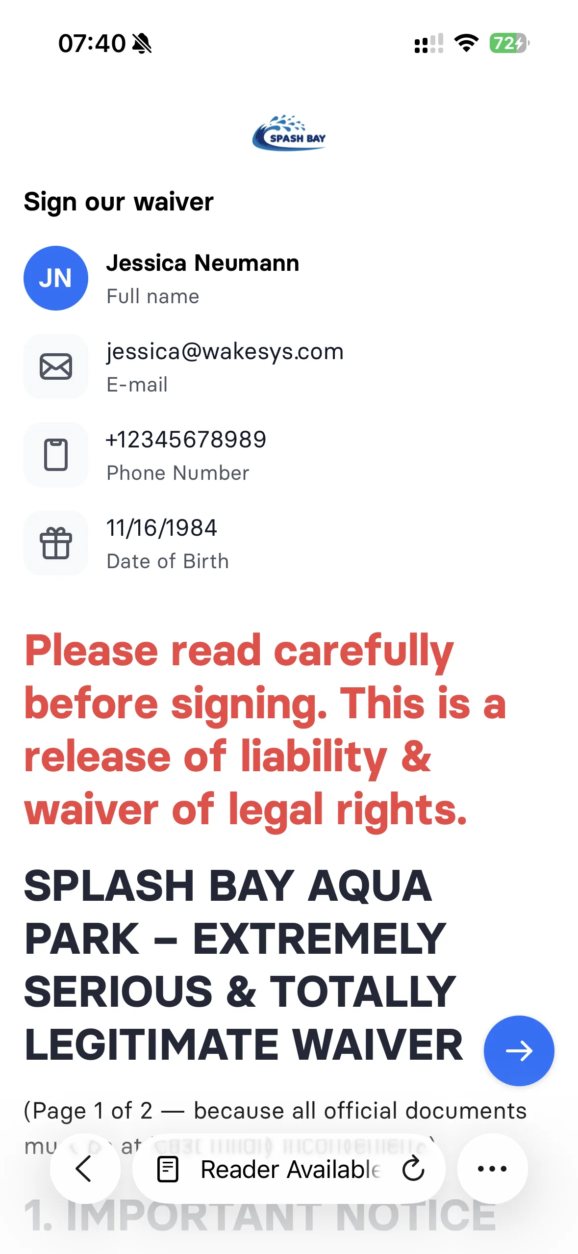 Assigning a ticket, signing the liability waiver, and two swimmers showing as signed - step 2