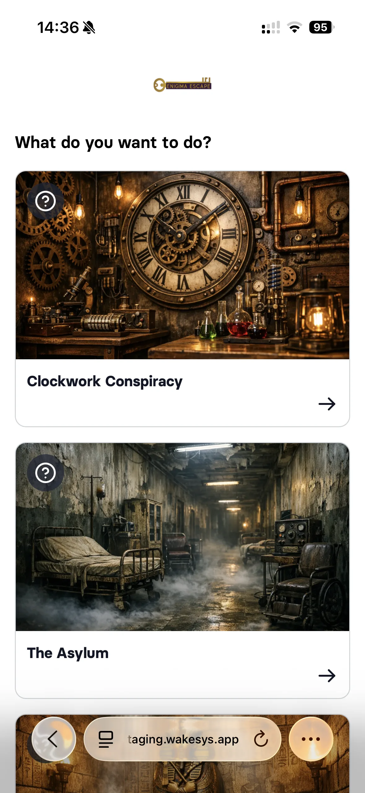 Booking an escape room: picking a room, a time slot showing the four-player minimum, party size, add-ons, a discounted second room, and the confirmation - step 1