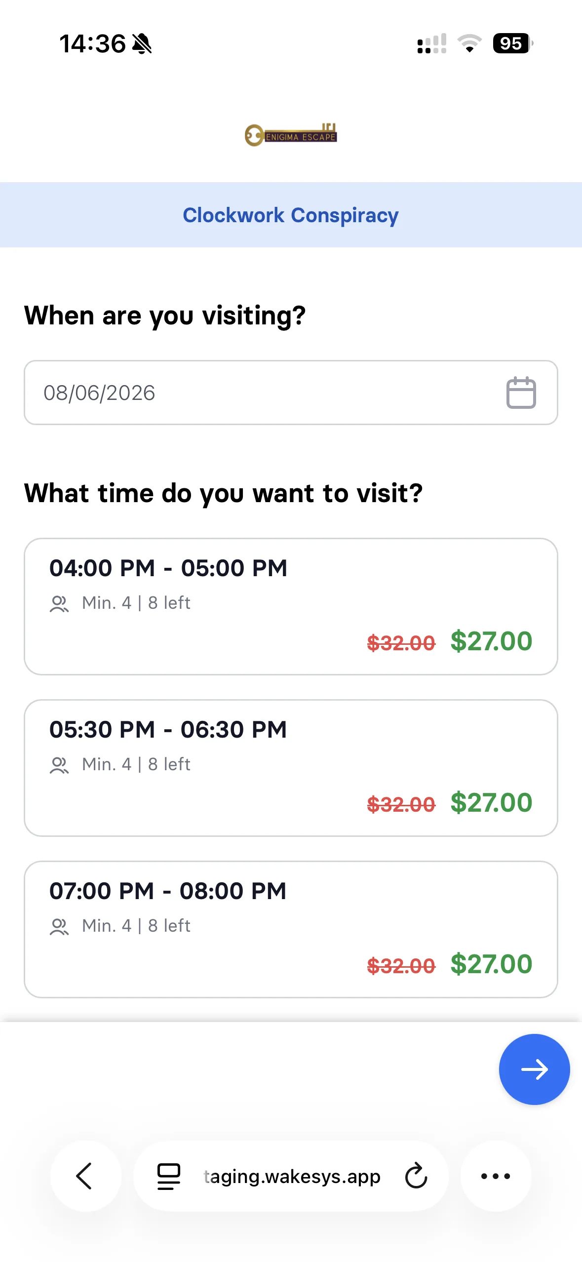 Booking an escape room: picking a room, a time slot showing the four-player minimum, party size, add-ons, a discounted second room, and the confirmation - step 2