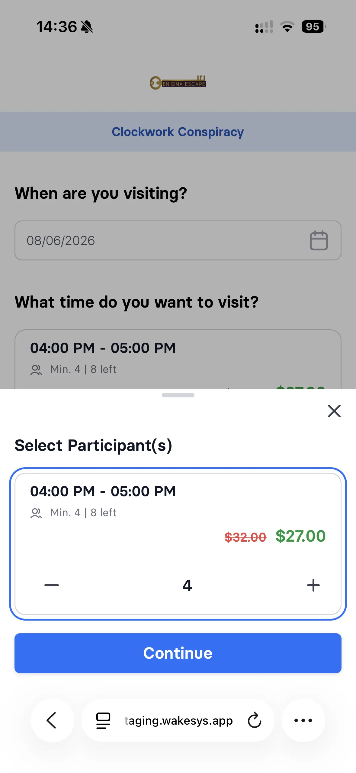 Booking an escape room: picking a room, a time slot showing the four-player minimum, party size, add-ons, a discounted second room, and the confirmation - step 3