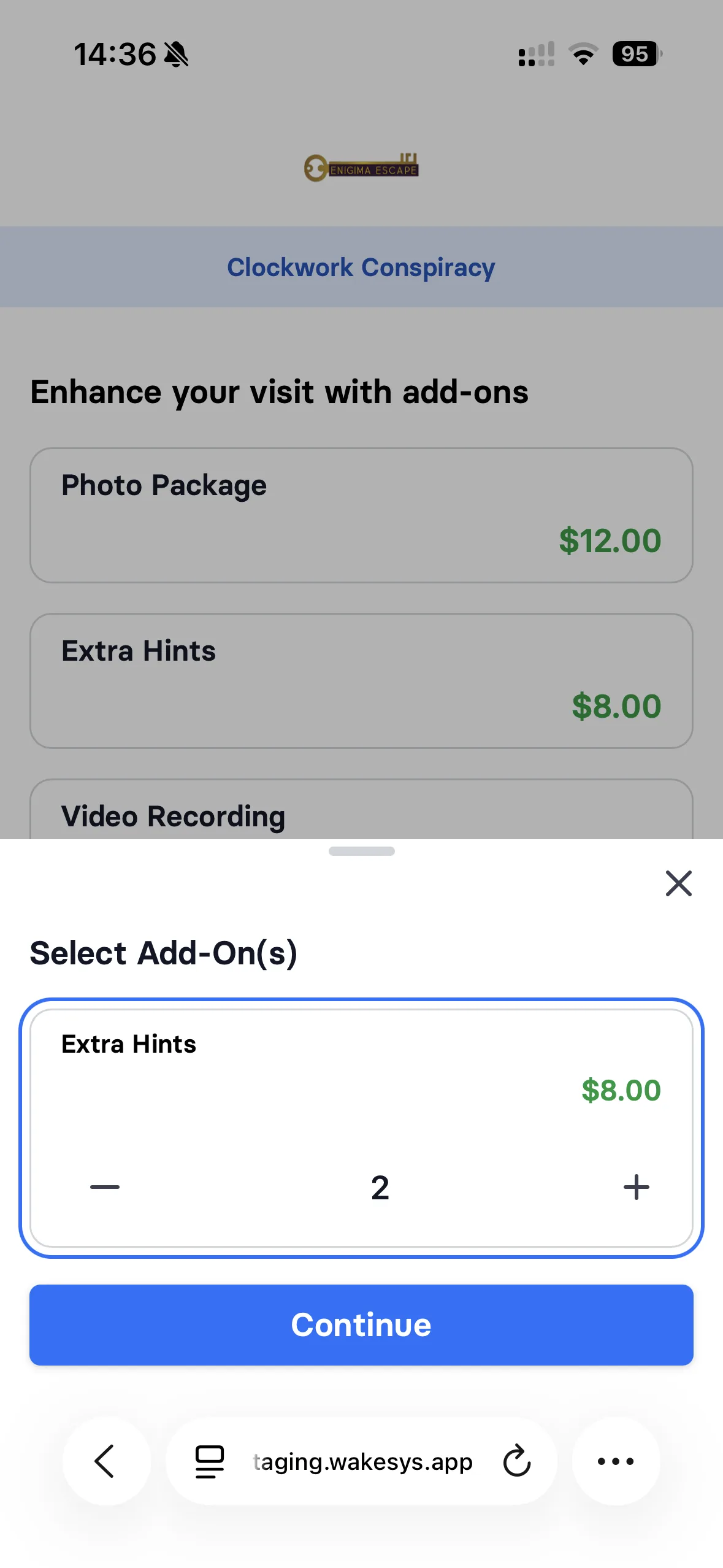 Booking an escape room: picking a room, a time slot showing the four-player minimum, party size, add-ons, a discounted second room, and the confirmation - step 4
