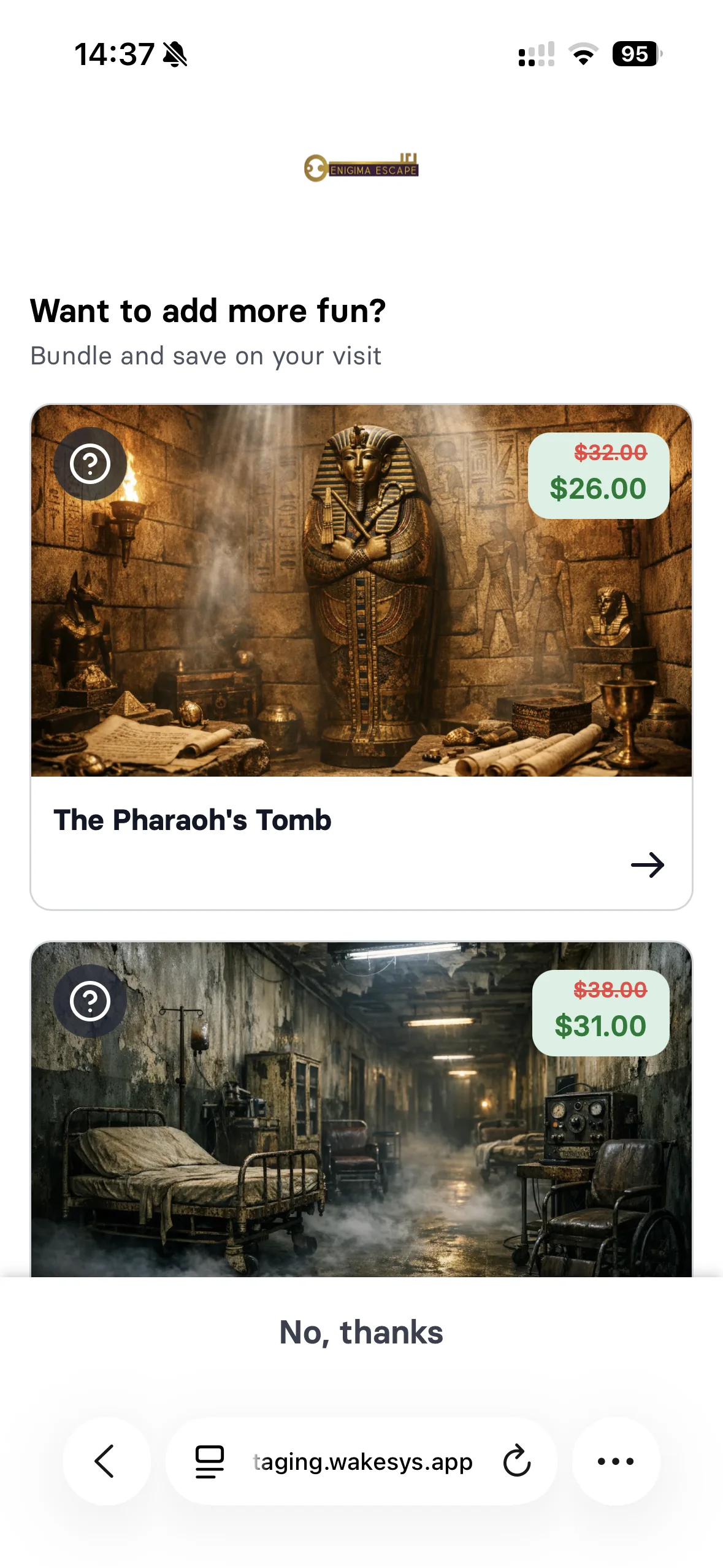 Booking an escape room: picking a room, a time slot showing the four-player minimum, party size, add-ons, a discounted second room, and the confirmation - step 5