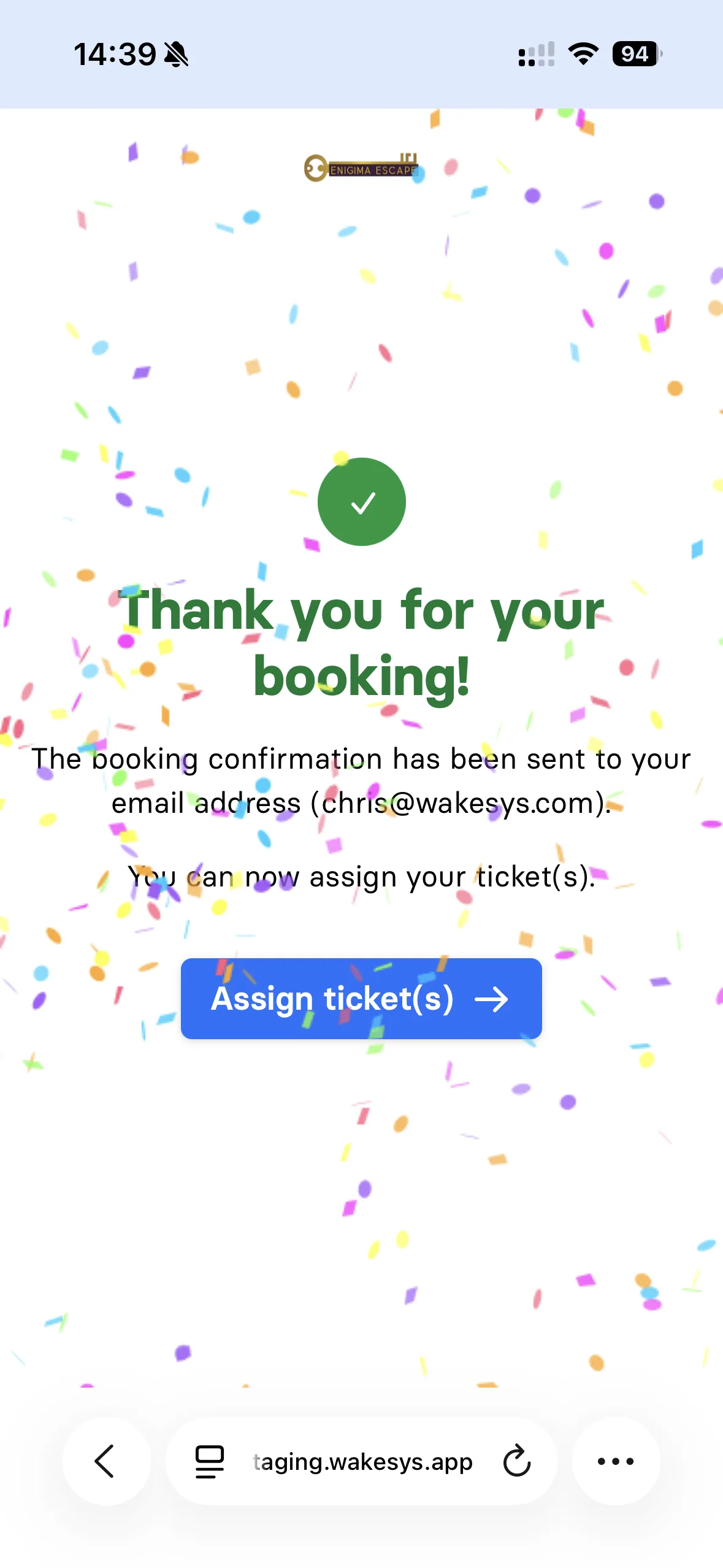 Booking an escape room: picking a room, a time slot showing the four-player minimum, party size, add-ons, a discounted second room, and the confirmation - step 6