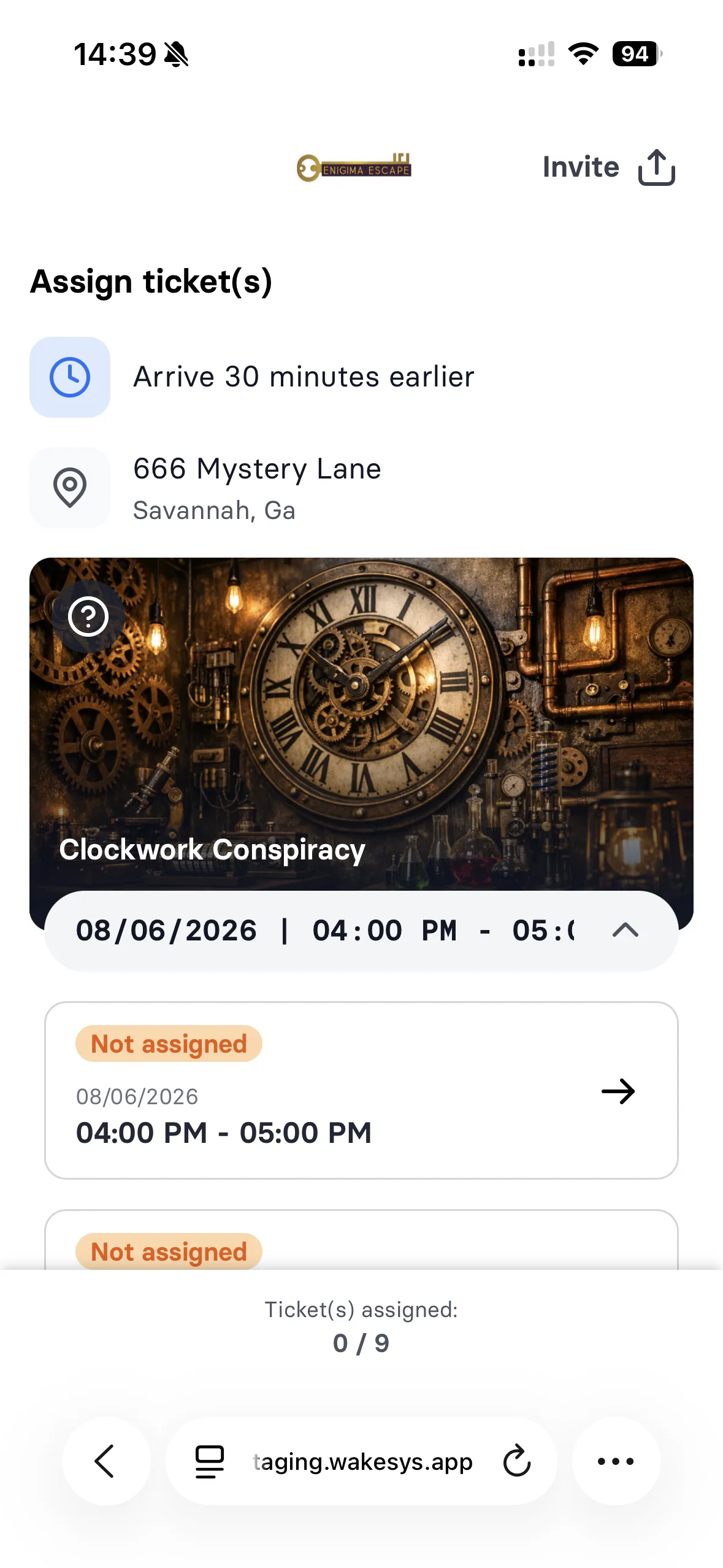 Nine unassigned tickets, the shareable invite link, and the first player assigned - 1