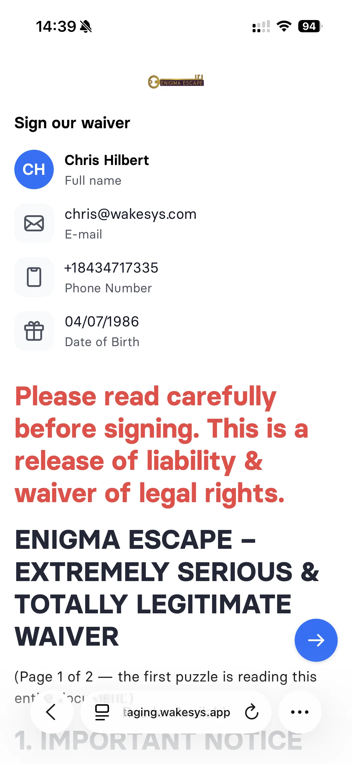 Assigning a ticket, signing the liability waiver, and a player showing as signed on the booking - step 2