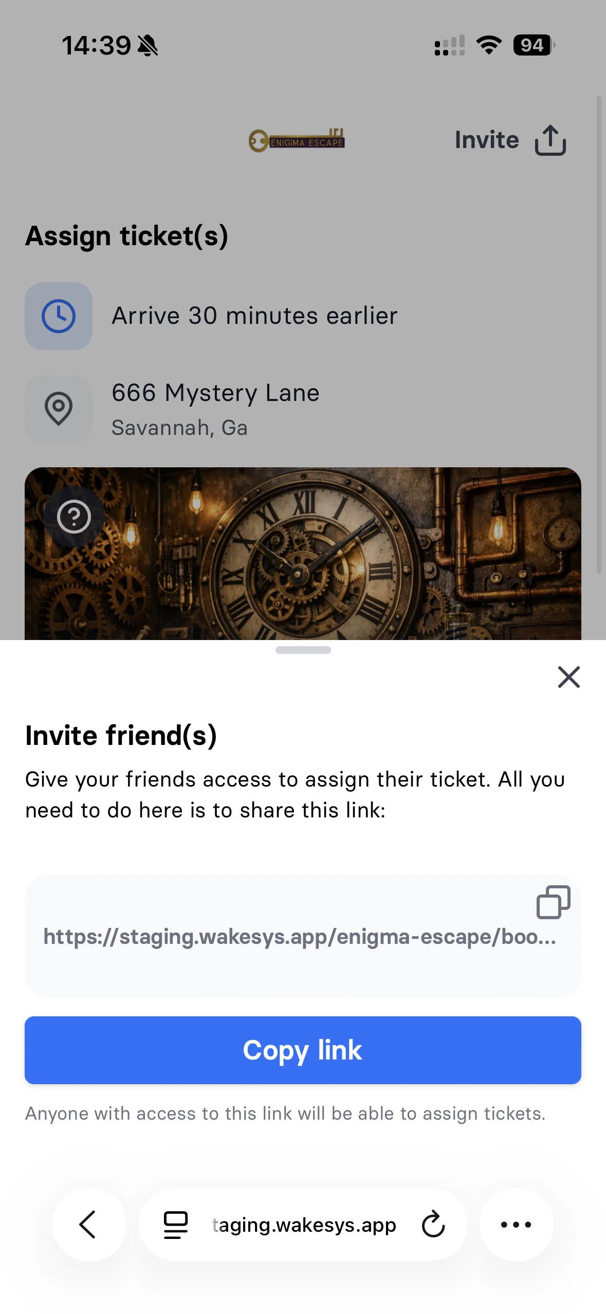 Nine unassigned tickets, the shareable invite link, and the first player assigned - 2
