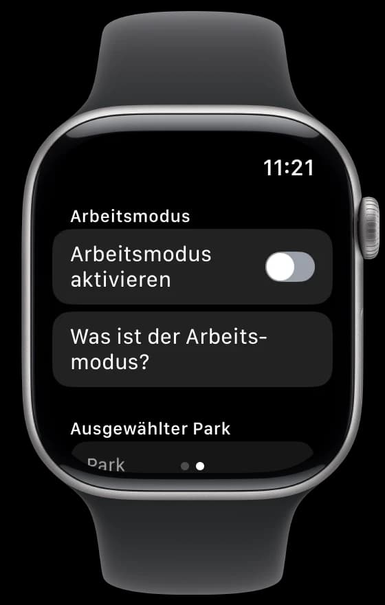 Die Einstellungen der App: Arbeitsmodus aktivieren, Was ist der Arbeitsmodus? und der ausgewählte Park