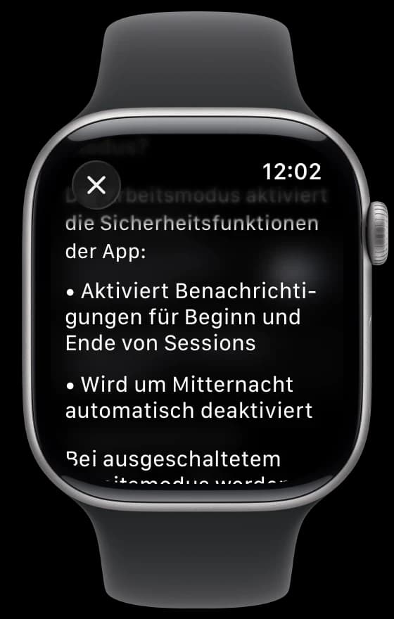 Die Erklärung zum Arbeitsmodus in der App: Mitteilungen zu Beginn und Ende von Sessions, um Mitternacht automatisch aus