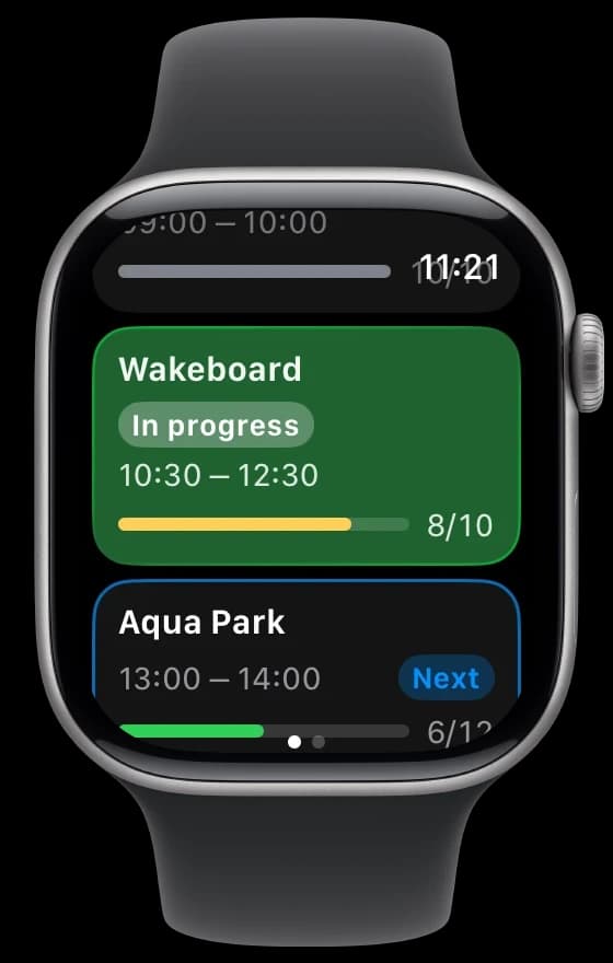 Today's sessions in the wakesys safety app: Wakeboard in progress with 8 of 10 booked, Aqua Park next with 6 of 12