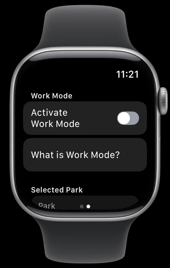 The app's settings: Activate Work Mode, What is Work Mode? and the selected park