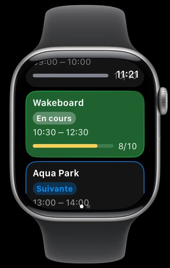 Les séances du jour dans l’app wakesys safety : Wakeboard en cours, 8 réservations sur 10, Aqua Park ensuite, 6 sur 12