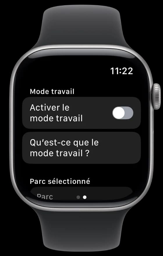Les réglages de l’app : Activer le mode travail, Qu’est-ce que le mode travail ? et le parc sélectionné