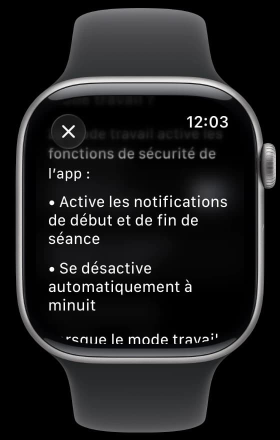L’explication du mode travail dans l’app : notifications de début et de fin de séance, coupé automatiquement à minuit