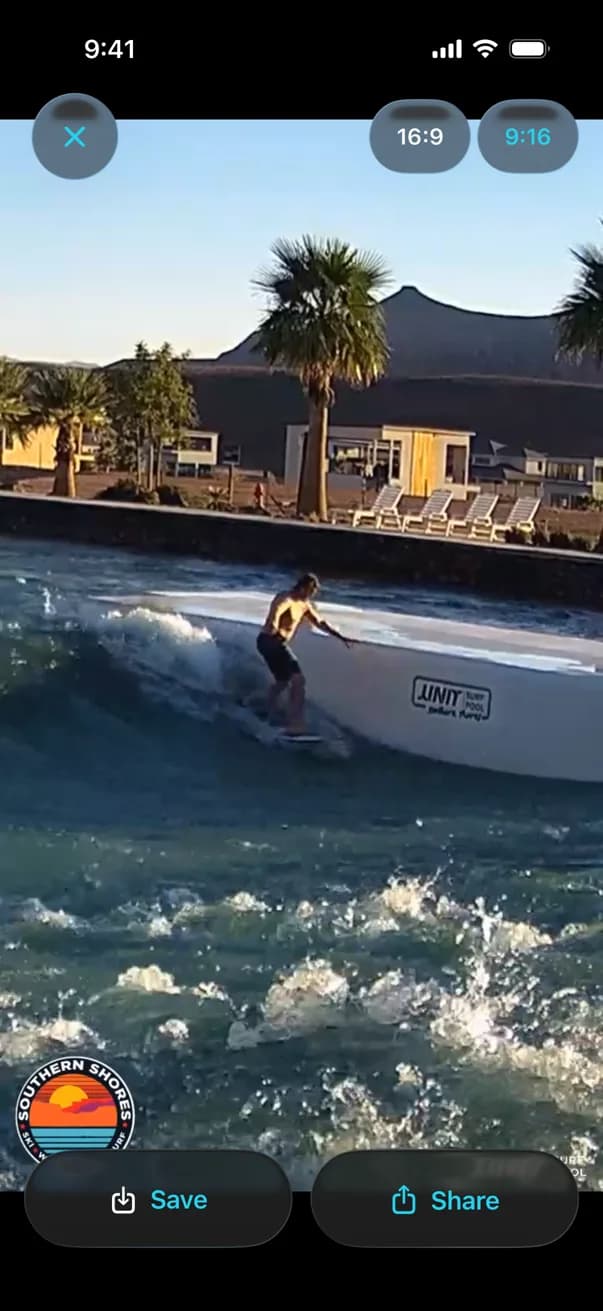 Ein geöffneter Clip in der Surf Videos App, mit Speichern und Teilen