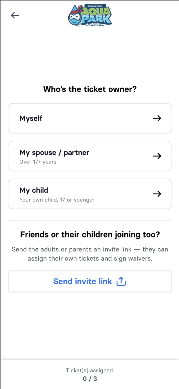 Booking screen asking who the ticket owner is, with options for myself, my spouse or partner, and my own child, plus an invite link for friends