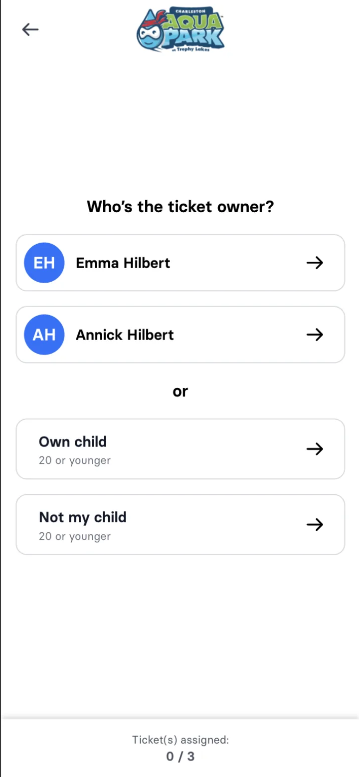 Screen offering Own child or Not my child as two explicit choices when assigning a ticket to a minor
