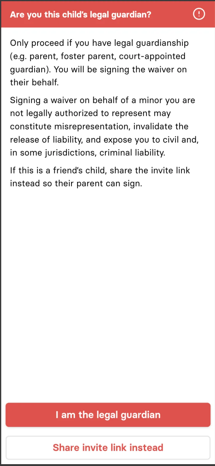 Full screen red warning asking if the user is the child's legal guardian, with an option to share the invite link instead